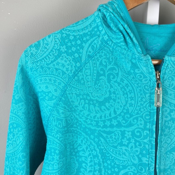 Fresh Produce Waffle Knit Hoodie Womens M Teal Paisley Light Weight Full Zip - Picture 3 of 7